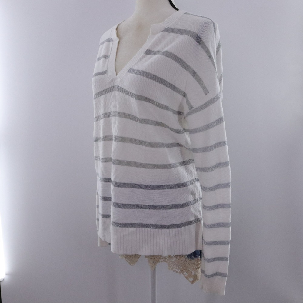 LOFT White Striped V Neck Long Sleeve Sweater‎ Size S